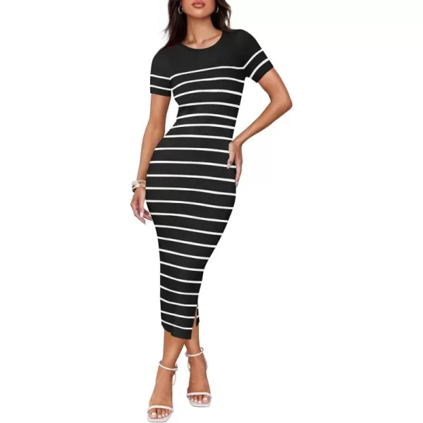 imageZESICA Womens Summer Bodycon Midi Dress 2024 Striped Short Sleeve Ribbed Knit Slim Fit Side Slit T Shirt DressesBlack