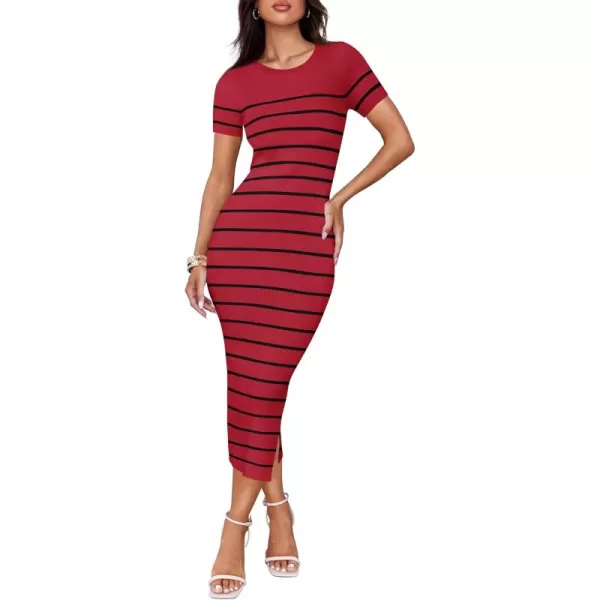 imageZESICA Womens Summer Bodycon Midi Dress 2024 Striped Short Sleeve Ribbed Knit Slim Fit Side Slit T Shirt DressesWine