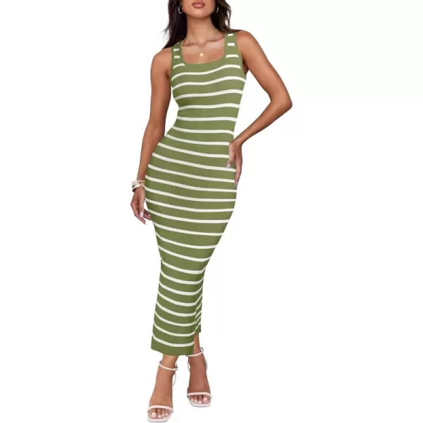imageZESICA Womens Summer Square Neck Bodycon Midi Dresses 2024 Casual Sleeveless Ribbed Knit Striped Beach Vacation Long DressOlivegreen