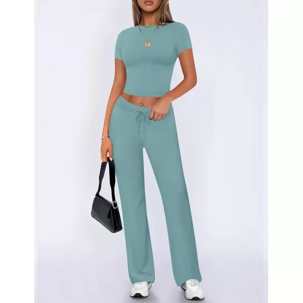 imageZESCA Womens 2 Piece Lounge Sets Casual Y2K Outfits Short Sleeve Crop Top Pants Comfy LoungewearBlue