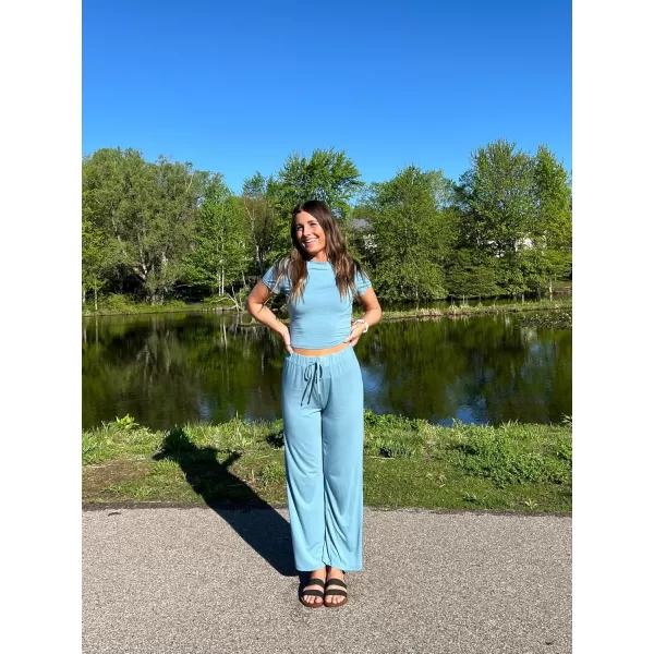 imageZESCA Womens 2 Piece Lounge Sets Casual Y2K Outfits Short Sleeve Crop Top Pants Comfy LoungewearBlue