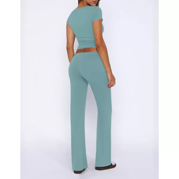 imageZESCA Womens 2 Piece Lounge Sets Casual Y2K Outfits Short Sleeve Crop Top Pants Comfy LoungewearBlue
