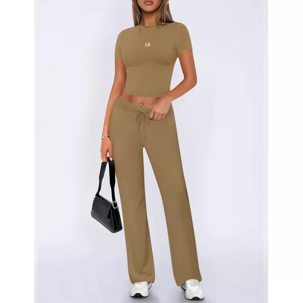 imageZESCA Womens 2 Piece Lounge Sets Casual Y2K Outfits Short Sleeve Crop Top Pants Comfy LoungewearBrown