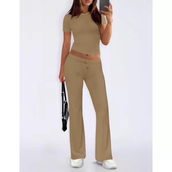 imageZESCA Womens 2 Piece Lounge Sets Casual Y2K Outfits Short Sleeve Crop Top Pants Comfy LoungewearBrown