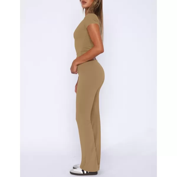 imageZESCA Womens 2 Piece Lounge Sets Casual Y2K Outfits Short Sleeve Crop Top Pants Comfy LoungewearBrown