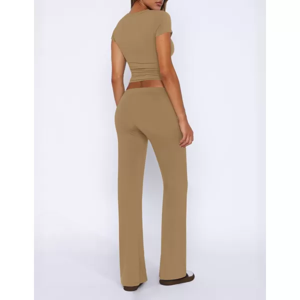 imageZESCA Womens 2 Piece Lounge Sets Casual Y2K Outfits Short Sleeve Crop Top Pants Comfy LoungewearBrown