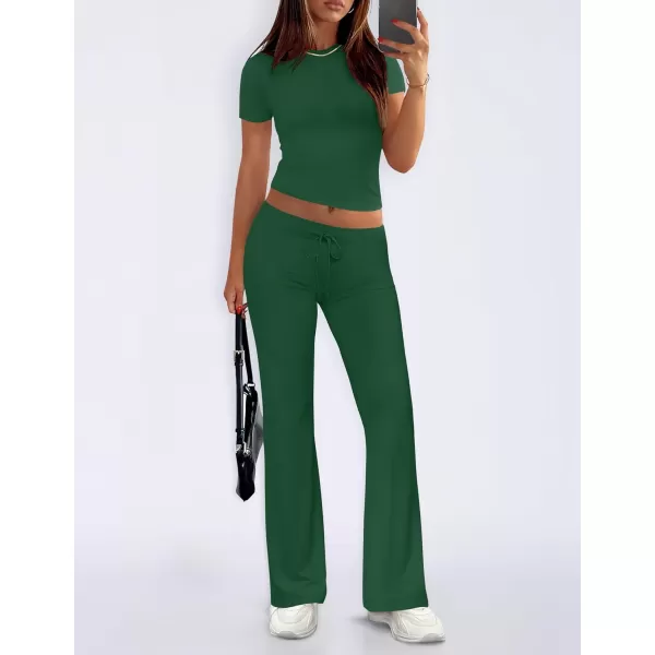 imageZESCA Womens 2 Piece Lounge Sets Casual Y2K Outfits Short Sleeve Crop Top Pants Comfy LoungewearGreen