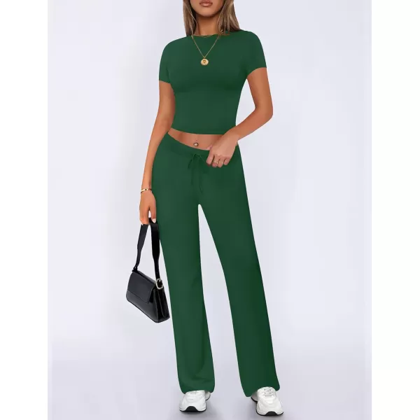 imageZESCA Womens 2 Piece Lounge Sets Casual Y2K Outfits Short Sleeve Crop Top Pants Comfy LoungewearGreen