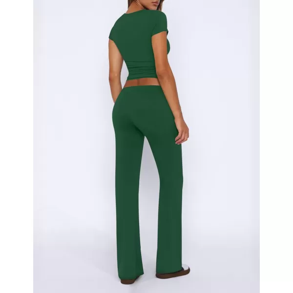 imageZESCA Womens 2 Piece Lounge Sets Casual Y2K Outfits Short Sleeve Crop Top Pants Comfy LoungewearGreen