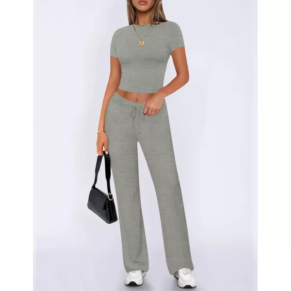 imageZESCA Womens 2 Piece Lounge Sets Casual Y2K Outfits Short Sleeve Crop Top Pants Comfy LoungewearGrey