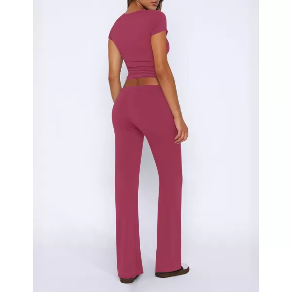 imageZESCA Womens 2 Piece Lounge Sets Casual Y2K Outfits Short Sleeve Crop Top Pants Comfy LoungewearHot Pink