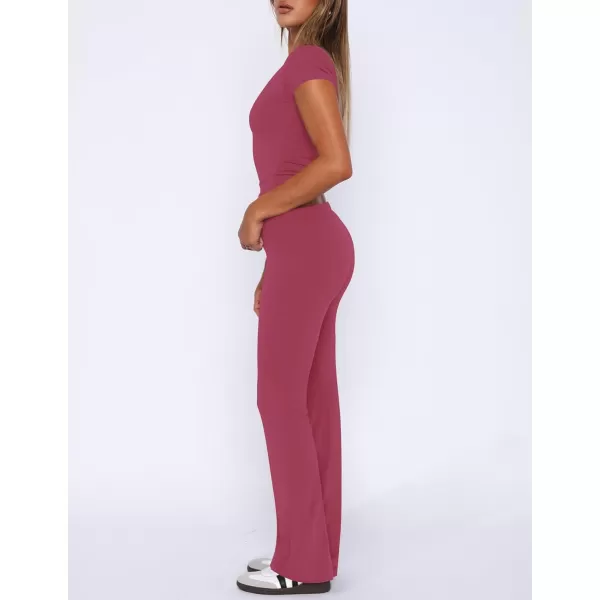 imageZESCA Womens 2 Piece Lounge Sets Casual Y2K Outfits Short Sleeve Crop Top Pants Comfy LoungewearHot Pink