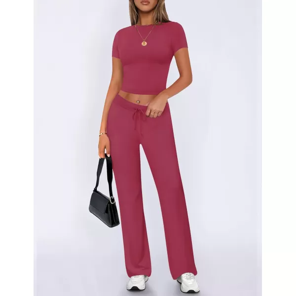imageZESCA Womens 2 Piece Lounge Sets Casual Y2K Outfits Short Sleeve Crop Top Pants Comfy LoungewearHot Pink