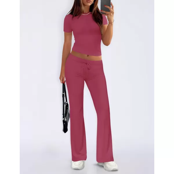 imageZESCA Womens 2 Piece Lounge Sets Casual Y2K Outfits Short Sleeve Crop Top Pants Comfy LoungewearHot Pink