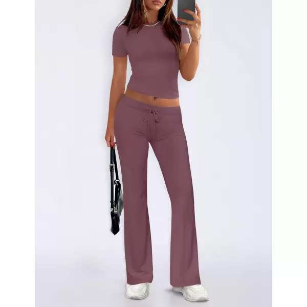 imageZESCA Womens 2 Piece Lounge Sets Casual Y2K Outfits Short Sleeve Crop Top Pants Comfy LoungewearPurple