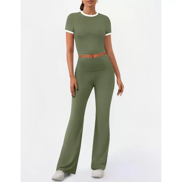 imageZESCA Womens 2 Piece Outfits Lounge Sets Causal Short Sleeve Knit Crop Top High Waist Flare Pants TracksuitsArmy Green