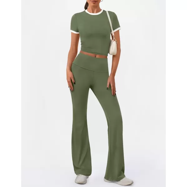 imageZESCA Womens 2 Piece Outfits Lounge Sets Causal Short Sleeve Knit Crop Top High Waist Flare Pants TracksuitsArmy Green