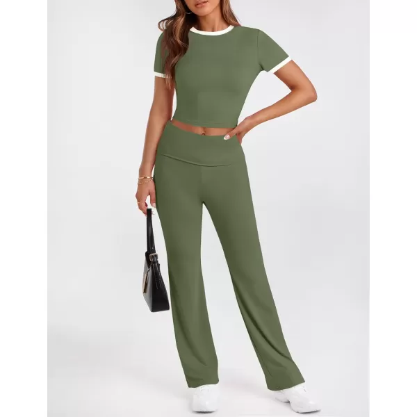 imageZESCA Womens 2 Piece Outfits Lounge Sets Causal Short Sleeve Knit Crop Top High Waist Flare Pants TracksuitsArmy Green