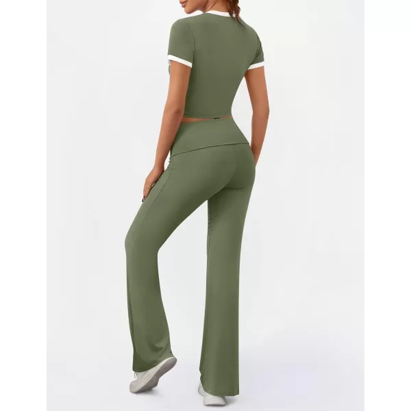 imageZESCA Womens 2 Piece Outfits Lounge Sets Causal Short Sleeve Knit Crop Top High Waist Flare Pants TracksuitsArmy Green