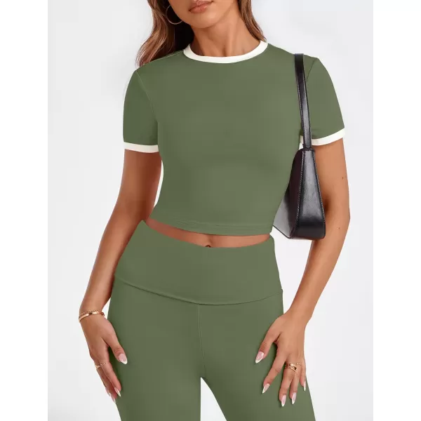 imageZESCA Womens 2 Piece Outfits Lounge Sets Causal Short Sleeve Knit Crop Top High Waist Flare Pants TracksuitsArmy Green