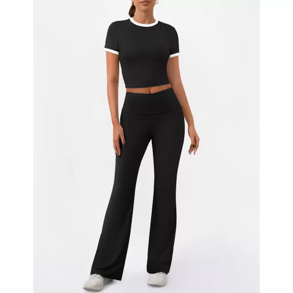 imageZESCA Womens 2 Piece Outfits Lounge Sets Causal Short Sleeve Knit Crop Top High Waist Flare Pants TracksuitsBlack