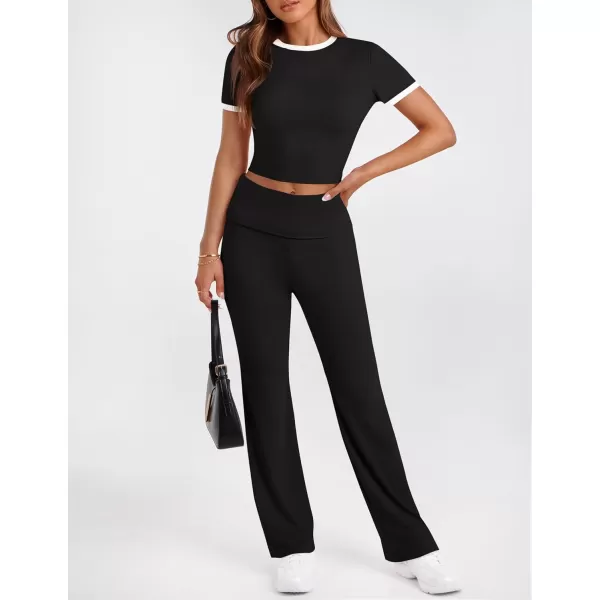 imageZESCA Womens 2 Piece Outfits Lounge Sets Causal Short Sleeve Knit Crop Top High Waist Flare Pants TracksuitsBlack