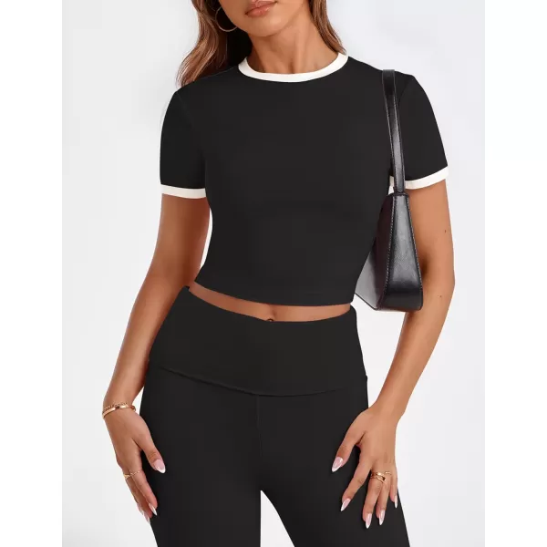 imageZESCA Womens 2 Piece Outfits Lounge Sets Causal Short Sleeve Knit Crop Top High Waist Flare Pants TracksuitsBlack