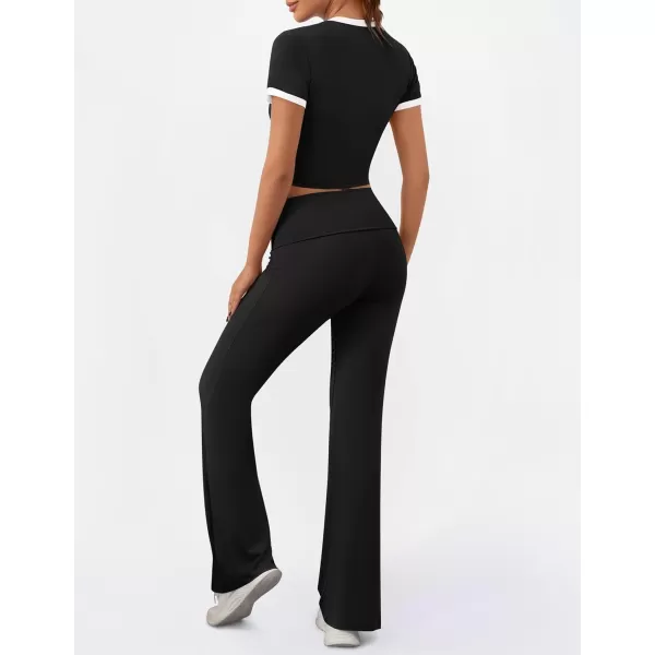 imageZESCA Womens 2 Piece Outfits Lounge Sets Causal Short Sleeve Knit Crop Top High Waist Flare Pants TracksuitsBlack