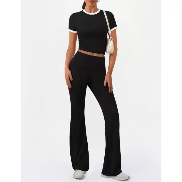 imageZESCA Womens 2 Piece Outfits Lounge Sets Causal Short Sleeve Knit Crop Top High Waist Flare Pants TracksuitsBlack