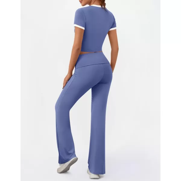 imageZESCA Womens 2 Piece Outfits Lounge Sets Causal Short Sleeve Knit Crop Top High Waist Flare Pants TracksuitsBlue
