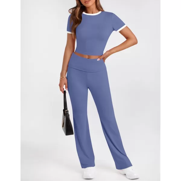 imageZESCA Womens 2 Piece Outfits Lounge Sets Causal Short Sleeve Knit Crop Top High Waist Flare Pants TracksuitsBlue