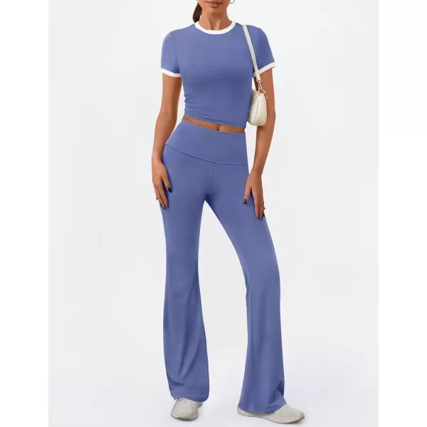 imageZESCA Womens 2 Piece Outfits Lounge Sets Causal Short Sleeve Knit Crop Top High Waist Flare Pants TracksuitsBlue