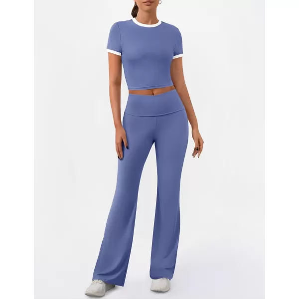 imageZESCA Womens 2 Piece Outfits Lounge Sets Causal Short Sleeve Knit Crop Top High Waist Flare Pants TracksuitsBlue