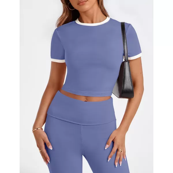 imageZESCA Womens 2 Piece Outfits Lounge Sets Causal Short Sleeve Knit Crop Top High Waist Flare Pants TracksuitsBlue