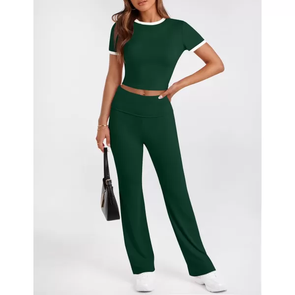 imageZESCA Womens 2 Piece Outfits Lounge Sets Causal Short Sleeve Knit Crop Top High Waist Flare Pants TracksuitsGreen