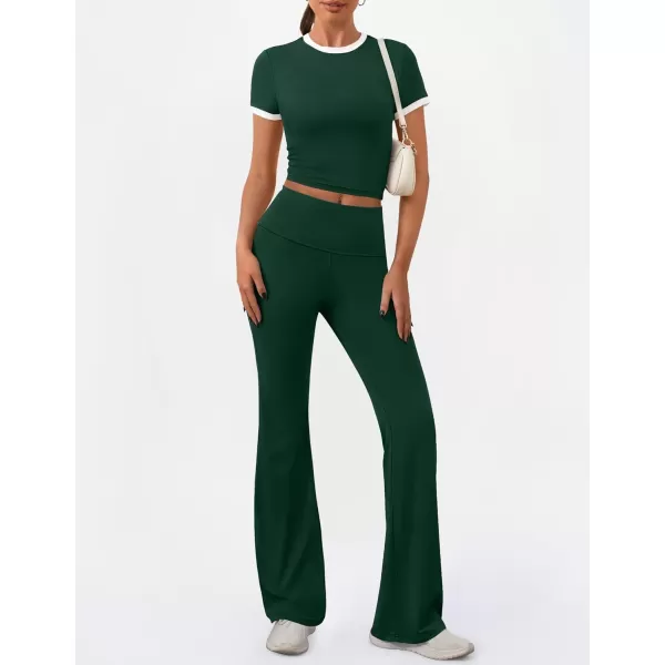 imageZESCA Womens 2 Piece Outfits Lounge Sets Causal Short Sleeve Knit Crop Top High Waist Flare Pants TracksuitsGreen