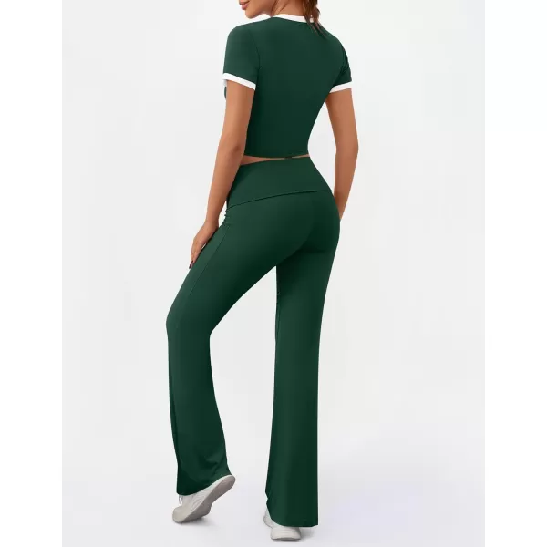 imageZESCA Womens 2 Piece Outfits Lounge Sets Causal Short Sleeve Knit Crop Top High Waist Flare Pants TracksuitsGreen