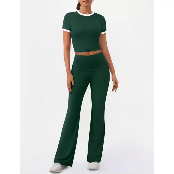 imageZESCA Womens 2 Piece Outfits Lounge Sets Causal Short Sleeve Knit Crop Top High Waist Flare Pants TracksuitsGreen
