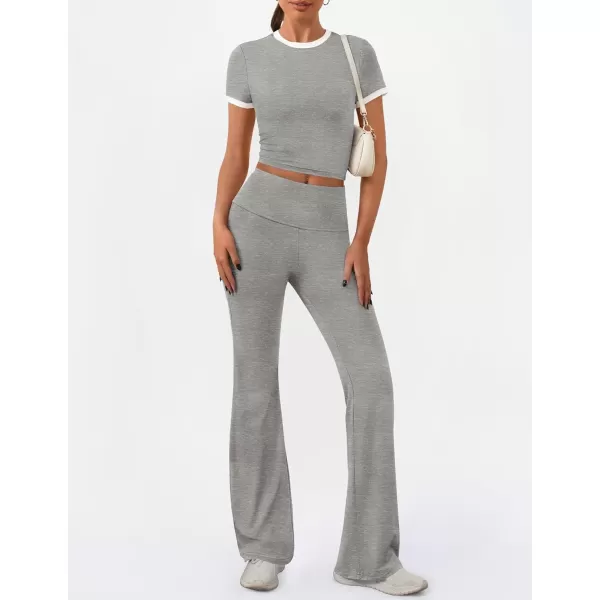 imageZESCA Womens 2 Piece Outfits Lounge Sets Causal Short Sleeve Knit Crop Top High Waist Flare Pants TracksuitsGrey