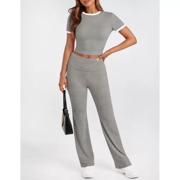 imageZESCA Womens 2 Piece Outfits Lounge Sets Causal Short Sleeve Knit Crop Top High Waist Flare Pants TracksuitsGrey