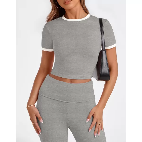 imageZESCA Womens 2 Piece Outfits Lounge Sets Causal Short Sleeve Knit Crop Top High Waist Flare Pants TracksuitsGrey