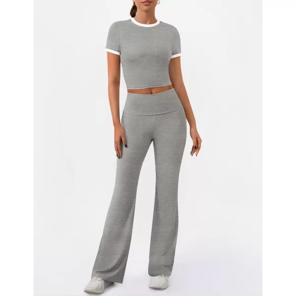 imageZESCA Womens 2 Piece Outfits Lounge Sets Causal Short Sleeve Knit Crop Top High Waist Flare Pants TracksuitsGrey