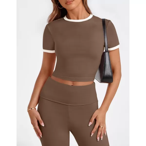 imageZESCA Womens 2 Piece Outfits Lounge Sets Causal Short Sleeve Knit Crop Top High Waist Flare Pants TracksuitsKhaki