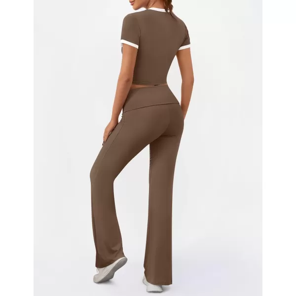 imageZESCA Womens 2 Piece Outfits Lounge Sets Causal Short Sleeve Knit Crop Top High Waist Flare Pants TracksuitsKhaki