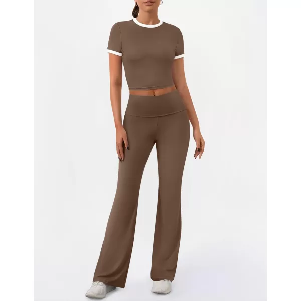 imageZESCA Womens 2 Piece Outfits Lounge Sets Causal Short Sleeve Knit Crop Top High Waist Flare Pants TracksuitsKhaki
