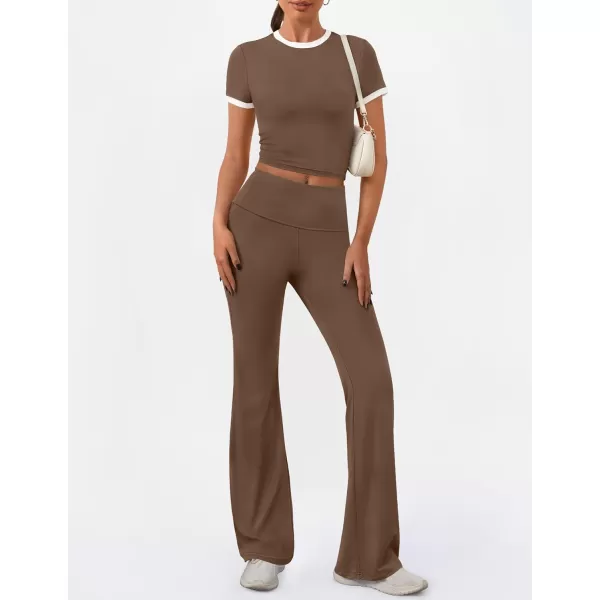 imageZESCA Womens 2 Piece Outfits Lounge Sets Causal Short Sleeve Knit Crop Top High Waist Flare Pants TracksuitsKhaki
