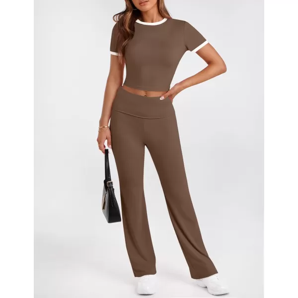 imageZESCA Womens 2 Piece Outfits Lounge Sets Causal Short Sleeve Knit Crop Top High Waist Flare Pants TracksuitsKhaki