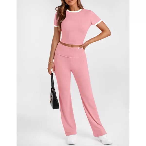 imageZESCA Womens 2 Piece Outfits Lounge Sets Causal Short Sleeve Knit Crop Top High Waist Flare Pants TracksuitsPink