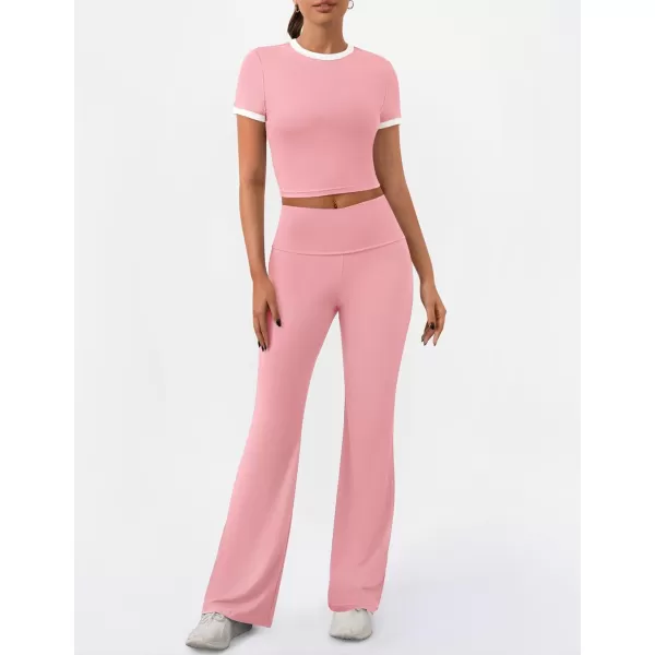 imageZESCA Womens 2 Piece Outfits Lounge Sets Causal Short Sleeve Knit Crop Top High Waist Flare Pants TracksuitsPink