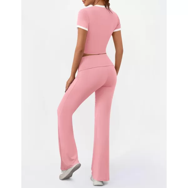 imageZESCA Womens 2 Piece Outfits Lounge Sets Causal Short Sleeve Knit Crop Top High Waist Flare Pants TracksuitsPink